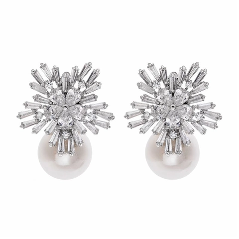 Orecchini Pendenti Fiocco Di Neve Zircone Perla Artificial Eleganti Gioielli Donna Con Perno In Argento Sterling 925