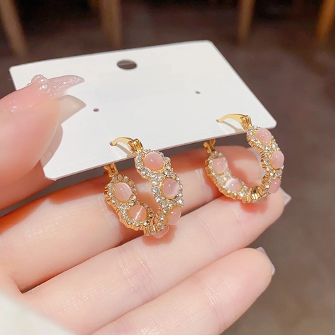 Orecchini a Cerchio Placcati Oro di Lusso Vintage per Donna Retro Rosa Pietra Occhio di Gatto Grigio Zirconia Geometrici