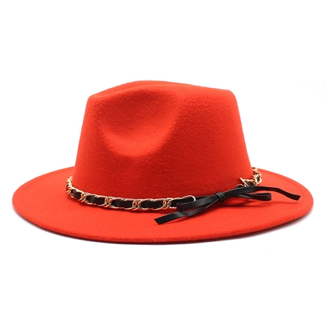 Vintage Fedora Hat Woolen Felt Wide Flat Brim Metal Chain Black Bow Elegant Jazz Cap For Women Men Outdoor