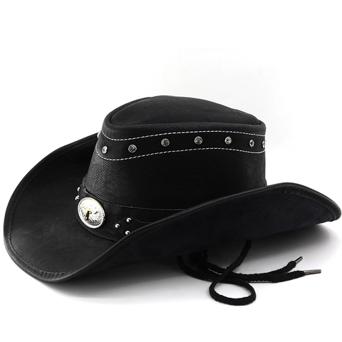 Cappello Da Cowboy Western Scamosciato Tesa Larga Con Emblema Testa Di Toro In Metallo Borchie E Cordino