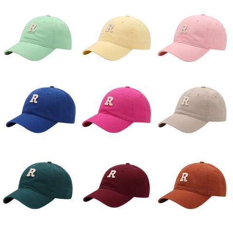 Casquette De Baseball Broderie Lettre R Coton Lavé Dessus Souple Chapeau De Protection Solaire Réglable Style Coréen