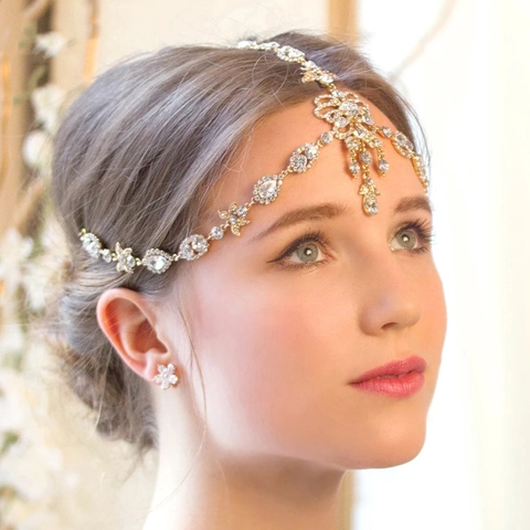 Bohemian Rhinestone Forehead Chain And Earrings Bridal Wedding Exotic Multi Layer Alloy Hair Chain Jewelry For Women