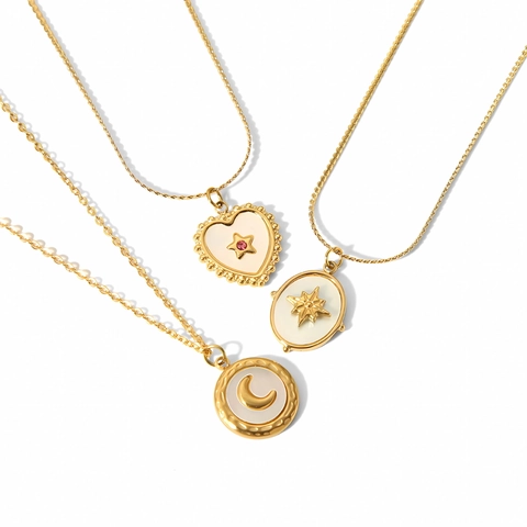 Stainless Steel Pendant Necklace 18K Gold Plated Mother Of Artificial Pearl Moon Star Heart Shape Minimalist Jewelry For Women