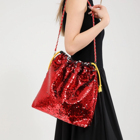 Glittery Sequin Bucket Bag For Women Fashion Drawstring Large Capacity Shoulder Handbag With Metal Chain Strap