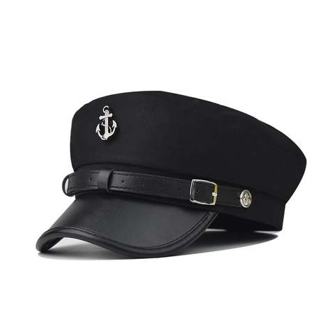 Navy Sailor Captain Hat With PU Leather Brim Metal Anchor Badge Retro Flat Top Newsboy Beret Cap For Women