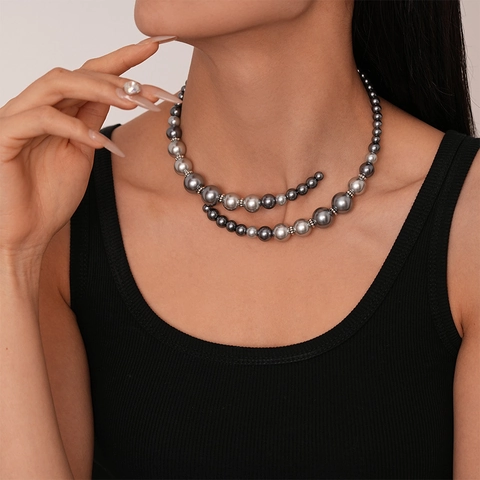 Vintage Grau Gradient Glasperlen Offener Halsreif Für Frauen Elegantes Mehrlagiges Halsband Legierung Strass