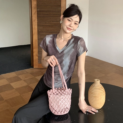 Women Hand-Woven Bucket Bag Cotton Rope Hollow Out Beach Handbag With Drawstring Inner Pouch Casual Boho Summer Vacation
