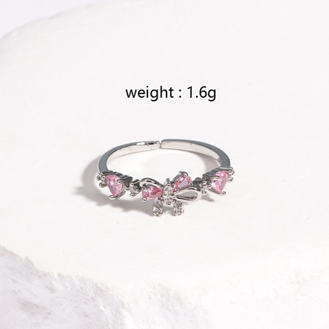 Bowknot Heart Ring Pink Cubic Zirconia Copper Adjustable Open Band Sweet Elegant Jewelry For Women