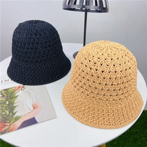 Hollow Woven Straw Crochet Bucket Hat Breathable Sunscreen Summer Beach Fisherman Hat For Women