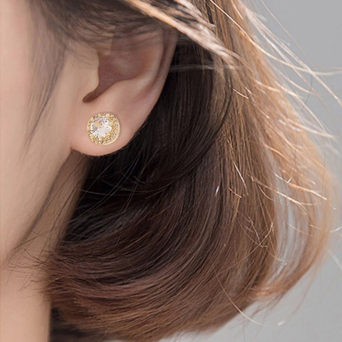 Sparkling Zircon Stud Earrings Round Cut Halo Copper Jewelry For Women Simple Elegant Fashion