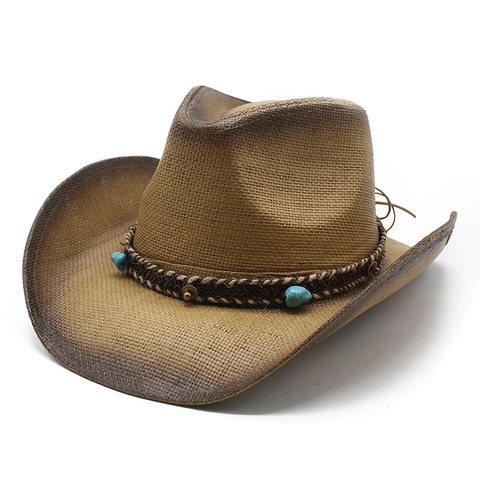 Δυτικό Καπέλο Κάουμποϊ Χάρτινο Άχυρο Πλατύ Γείσο Διαβάθμιση Ρετρό Έθνικ Με Χάντρες Τυρκουάζ Ήλιος