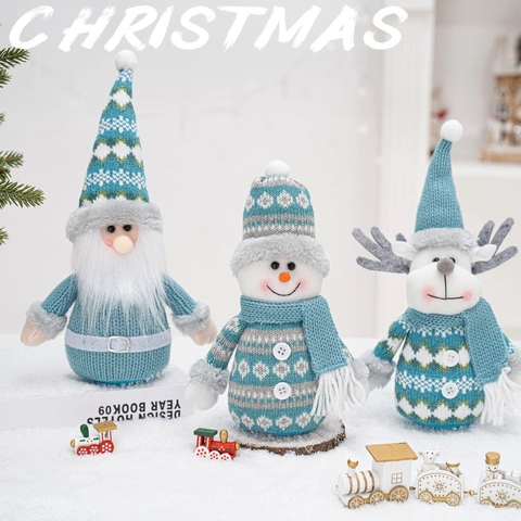 Gnomes En Peluche Tricotés De Noël Bonhomme De Neige Renne Figurines Série Hiver Bleu Blanc Décoration De Table Maison