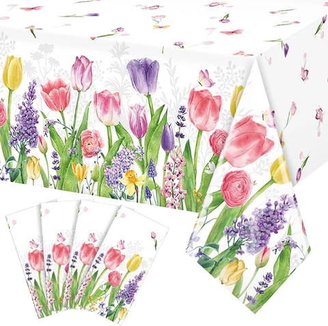 Tulip Blumen Einweg Kunststoff Tischdecke Wasserdicht Rechteckig Frühling Schmetterling Druck Für Geburtstag Muttertag
