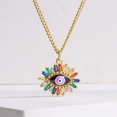 Evil Eye Anhänger Halskette 18 Karat Vergoldet Kupfer Bunter Zirkonia Emaille Boho Modeschmuck Für Damen