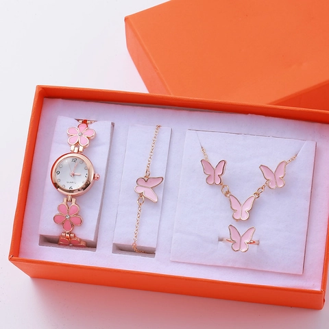Élégant Ensemble de Bijoux Montre à Quartz Bracelet Fleur pour Femmes Alliage Or Rose Strass Collier Boucles d'Oreilles Bague