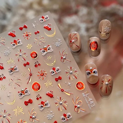 Adesivi Unghie 5D Rilievo Capodanno Cinese Danza Del Leone Fuochi d'artificio Rosso Oro Design Festivo Manicure DIY