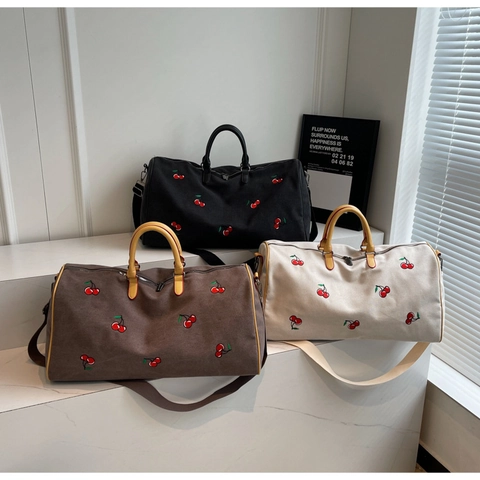 Sac de Voyage en Toile avec Broderie Cerise pour Femmes Sac de Sport Grande Capacité Sac de Week-end avec Bandoulière Réglable