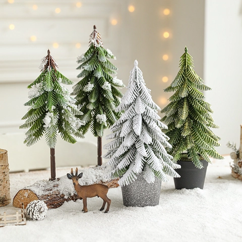 Mini Sapin De Noël Artificiel Décoration De Table Pin Floqué Avec Faux Neige Et Socle En Bois Décor De Fête