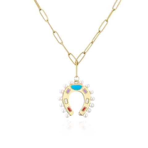 Collana Pendente Ferro Di Cavallo Acciaio Inossidabile Smalto Colorato Perla Artificial Catena Graffetta Gioielli Donna