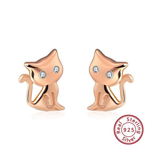 Orecchini a Bottone in Argento Sterling 925 a Forma di Gatto Con Occhi in Zirconia per Donna Gioielli Minimalisti Animali Argento Oro Rosa