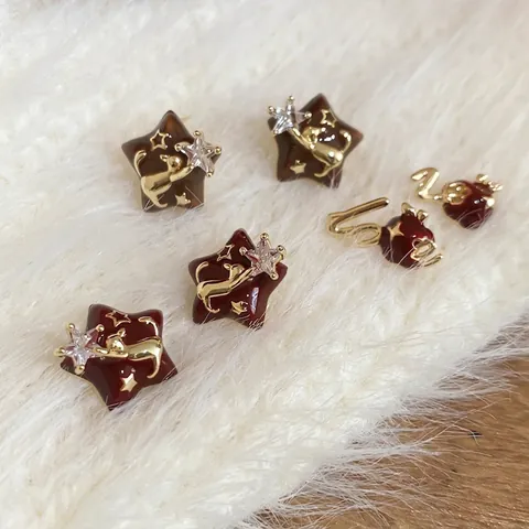 Enamel Star Apple Stud Earrings With 925 Sterling Silver Earring Post Vintage Gold Plated Alloy Cat Zircon Jewelry Women