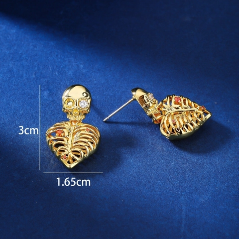 Orecchini Pendenti Gotici con Teschio e Costole a Cuore Oro Rame Zirconia Intarsiato Gioielli Punk per Donna Accessorio Moda