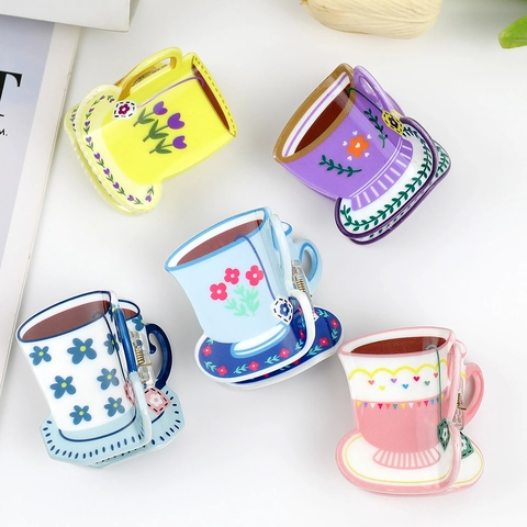 Pinza De Pelo Taza De Café Platillo Acrílico Patrón Floral Dulce Dopamina Estética Recogido Pinza Tiburón Mujeres Accesorio Novedad