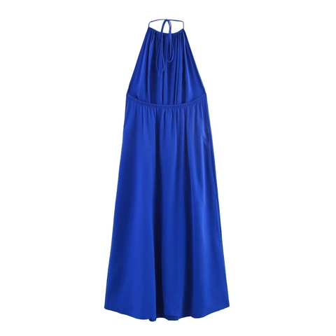 Sexy Royal Blue Halter Neck Midi Dress For Women Pleated Backless A-Line Party Dress Solid Color Summer Vacation Dress