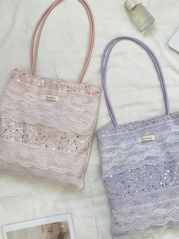 Spitzen Pailletten Tote Bag Große Kapazität Spleißperlen Schultertasche Süßer Mädchenhafter Stil Für Damen Täglich