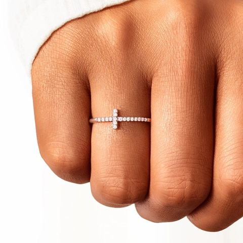 925 Sterling Silver Cross Ring With Sideways Micro Pave Zircon Minimalist Religious Jewelry For Women