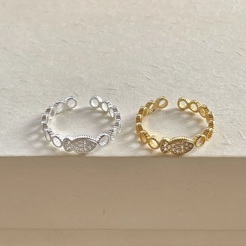 925 Sterling Silver Fish Open Ring Cubic Zirconia Pave Hollow Round Link Chain Adjustable Fashion Jewelry For Women