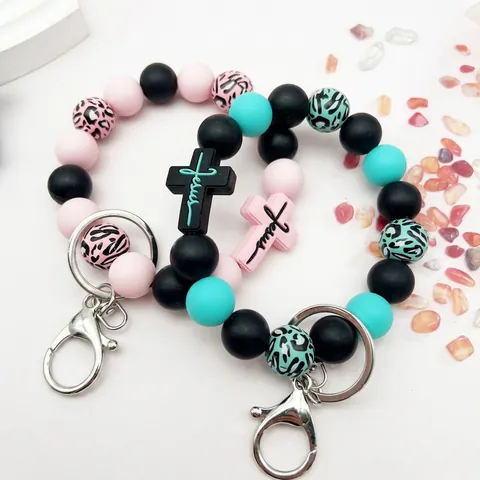 Leopard Print Silicone Bead Wristlet Keychain With Jesus Cross Pendant Silicone Beaded Keyring For Women Bag Charm Accessory