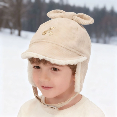 Kids Winter Warm Lei Feng Hat Corduroy Fleece Lined Ear Protection Hat With Bowknot Cherry Embroidery For Boys Girls
