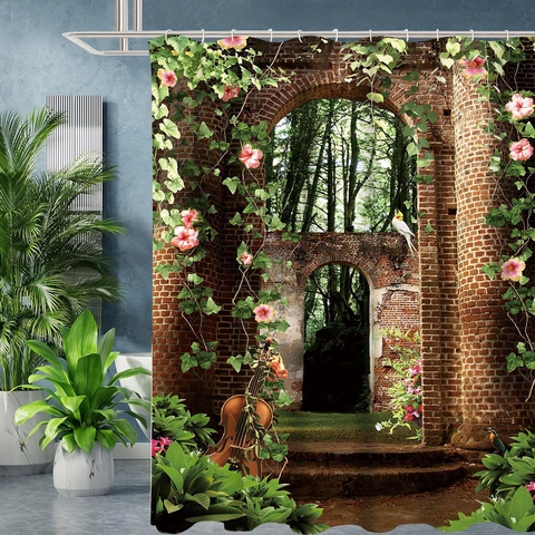 Cortina De Ducha Tela De Poliéster Impermeable 3D Paisaje Arco De Ladrillo Vintage Jardín Bosque Violonchelo Decoración