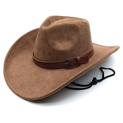 Sombrero De Vaquero Occidental Gamuza Ala Ancha Hebilla De Cinturón De Cuero Cordón De Viento Ajustable Estilo Caballero