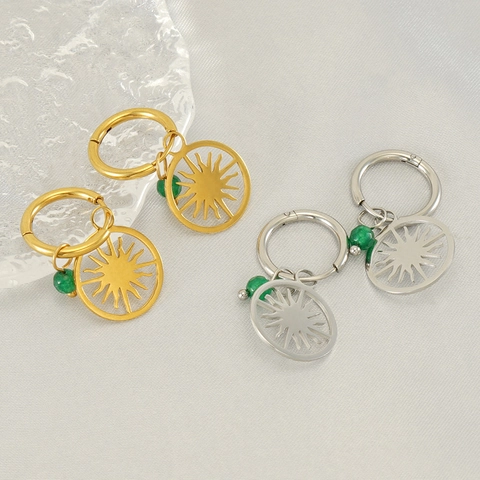Pendientes De Aro Con Colgante De Sol Acero Inoxidable Chapado En Oro 18K Con Cuenta De Piedra Verde Joyería Bohemia Para Mujer