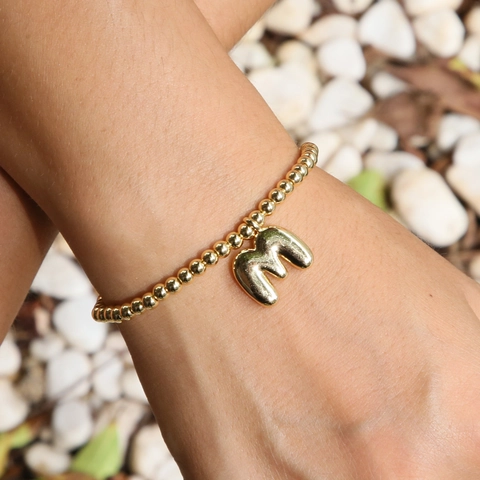 18K Gold Plated Brass Elastic Bead Bracelet For Women With Initial Letter Pendant Adjustable Minimalist Alphabet Jewelry