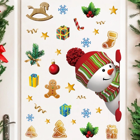 Christmas Wall Stickers Cute Cartoon Snowman Snowflakes PVC Self Adhesive Window Decals Holiday Home Decor Ornament