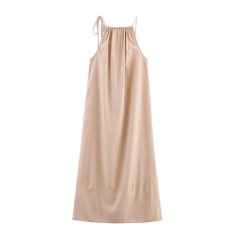 Dames Halter Maxi Jurk Linnen Look Polyester Mouwloos Hoge Taille Touw Trekkoord Zomer Strand Vakantie Effen Kleur