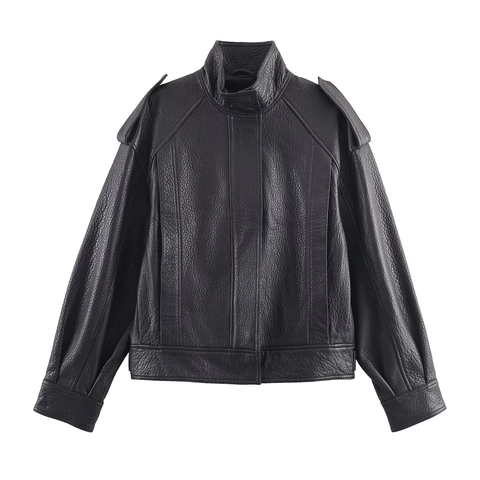 Women Faux Leather Bomber Jacket Stand Collar Epaulets Oversized Casual Streetwear Zip Up Coat Black