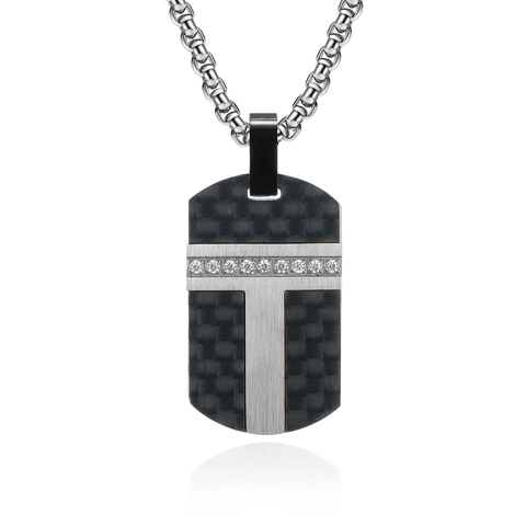 Collana Con Pendente Da Uomo Acciaio Inossidabile Fibra Di Carbonio Rettangolo Forma T Intarsio Strass Gioielli