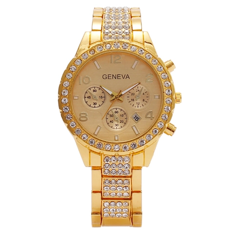 Mode Dames Quartz Horloge Met Strass Ingelegd Metalen Band Luxe Polshorloge Met Kalender Decoratieve Wijzerplaten Elegant