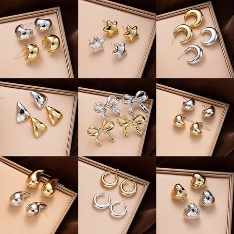 Metallic Plated Stud Earrings With Silver Earring Post Minimalist Drop Heart Star Bow Shapes For Women Fashion