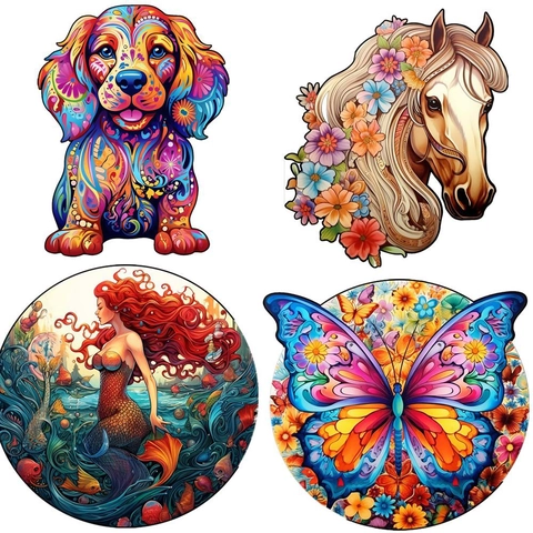 Artistic Irregular Wooden Jigsaw Puzzle Colorful Animal Shape Mandala Style Educational Toy Gift For Kids Adults
