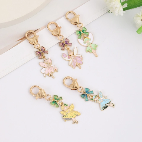 Porte-clés Fée Elfe Pendentif En Alliage Émail Coeur Fermoir Homard Noeud Charme Décoration De Sac