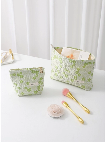 Women Floral Jacquard Cosmetic Bag Large Capacity Travel Makeup Pouch Quilted Toiletries Organizer Floral Zipper Pull