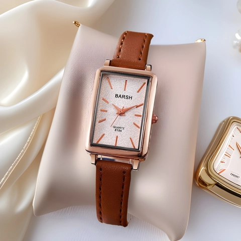 Women Rectangular Quartz Watch Vintage Leather Strap Alloy Case Rose Gold Elegant Minimalist Wristwatch For Ladies