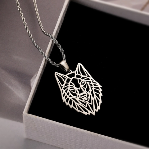 Wolf Head Pendant Necklace Stainless Steel Hollow Geometric Viking Punk Gothic Hip Hop Jewelry Accessories For Men