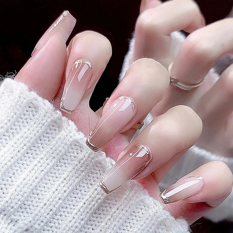 Long Coffin Press On Nails Milky White Gradient Gold Mirror Border Glossy False Nails With Glue