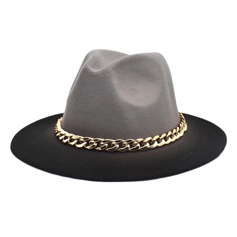 Cappello Fedora Bicolore Feltro Cotone Poliestere Tesa Larga Decorazione Catena Metallo Dorato Moda Retrò Jazz Uomo Donna